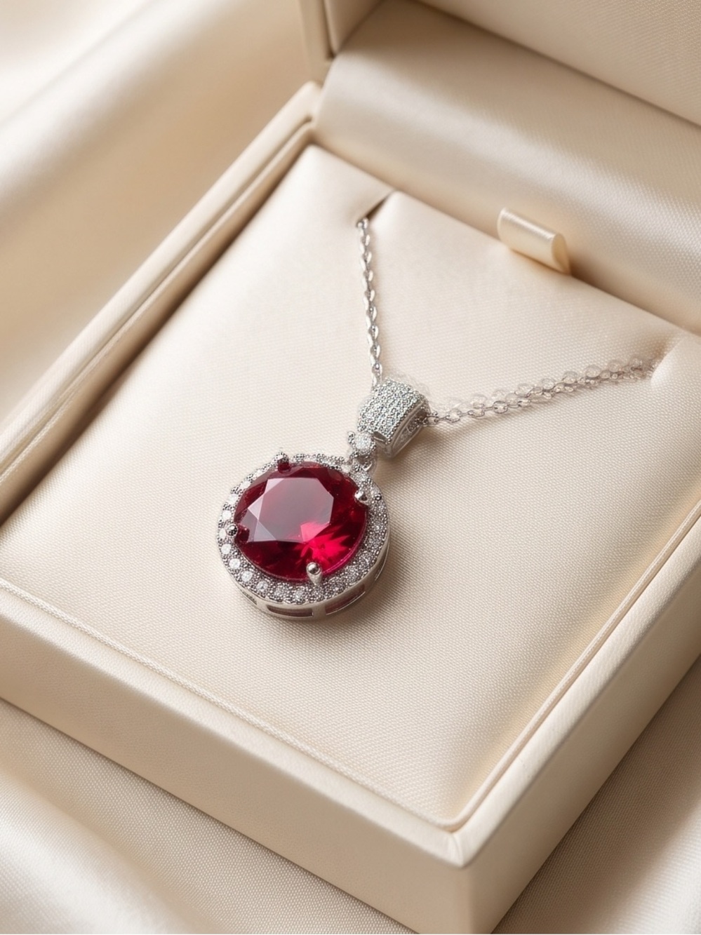 Elegant Red Crystal Pendant Necklace - Silver Chain - Picture 2 of 4